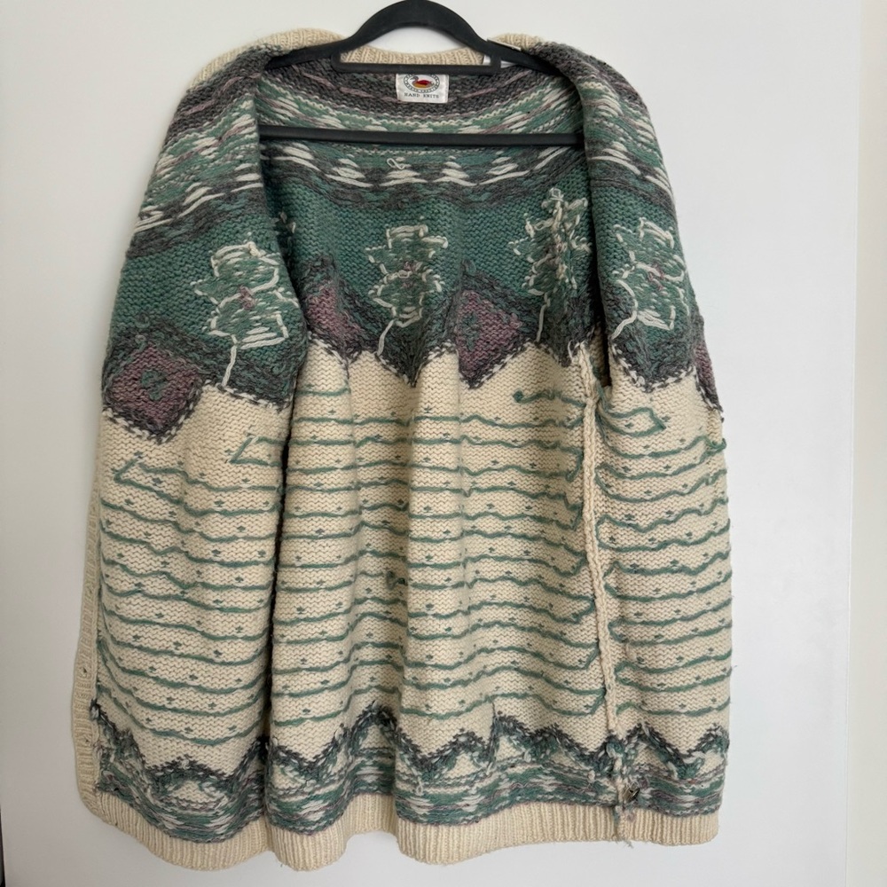Vintage Marsh Landing Shetland Wool Heavyknit Cardigan Sweater Beige Large - Picture 3 of 15